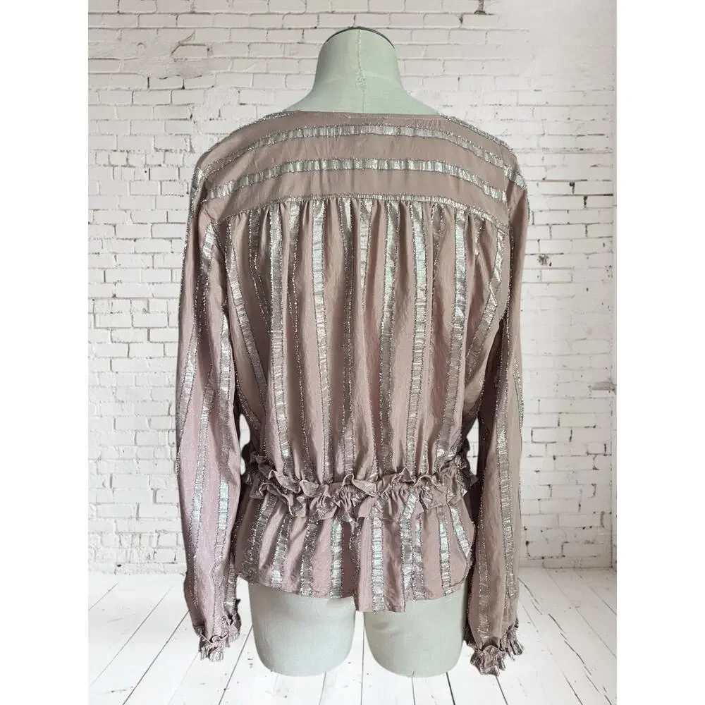 Current Air Womens Dressy Boho Metallic Striped Peplum Ruffle Blouse Size Large - Picture 7 of 8